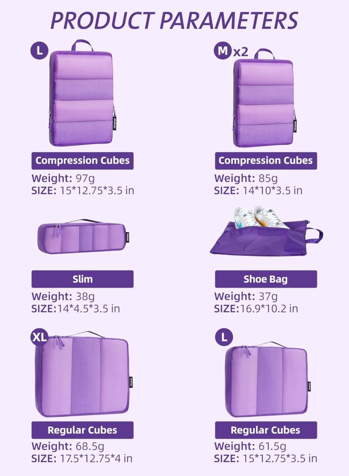 Ultralight Packing Cubes 7 Set, 3 Compression Packing Cubes 3 Packing Organizers with 1 Shoe Bag - Image 2