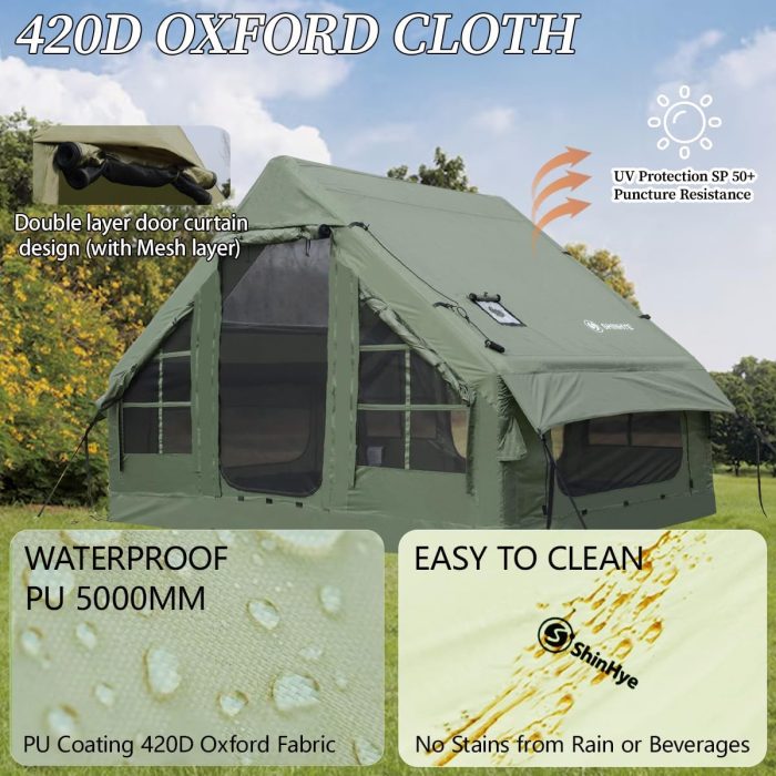 Inflatable Tent for Camping with Hand Pump Blow Up Tent Glamping 4 Season Air, Easy Setup Waterproof Outdoor Oxford Army Green 4-6 Person House Breathable Large Luxury - Image 4