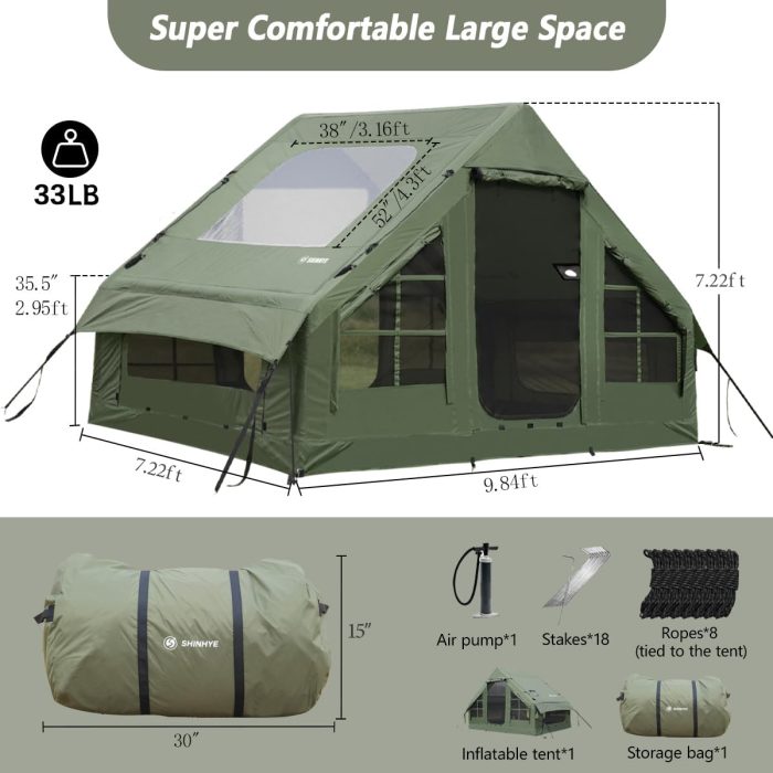 Inflatable Tent for Camping with Hand Pump Blow Up Tent Glamping 4 Season Air, Easy Setup Waterproof Outdoor Oxford Army Green 4-6 Person House Breathable Large Luxury - Image 5
