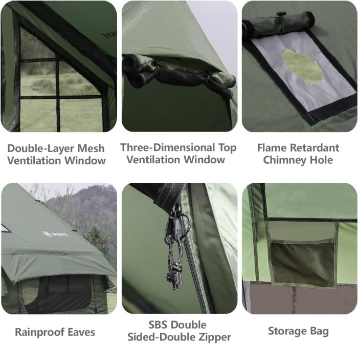 Inflatable Tent for Camping with Hand Pump Blow Up Tent Glamping 4 Season Air, Easy Setup Waterproof Outdoor Oxford Army Green 4-6 Person House Breathable Large Luxury - Image 6