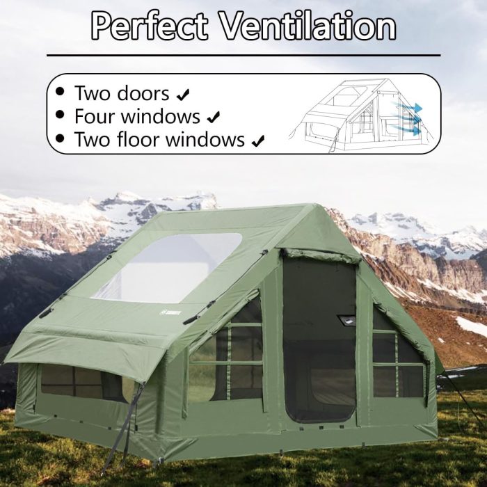 Inflatable Tent for Camping with Hand Pump Blow Up Tent Glamping 4 Season Air, Easy Setup Waterproof Outdoor Oxford Army Green 4-6 Person House Breathable Large Luxury - Image 7