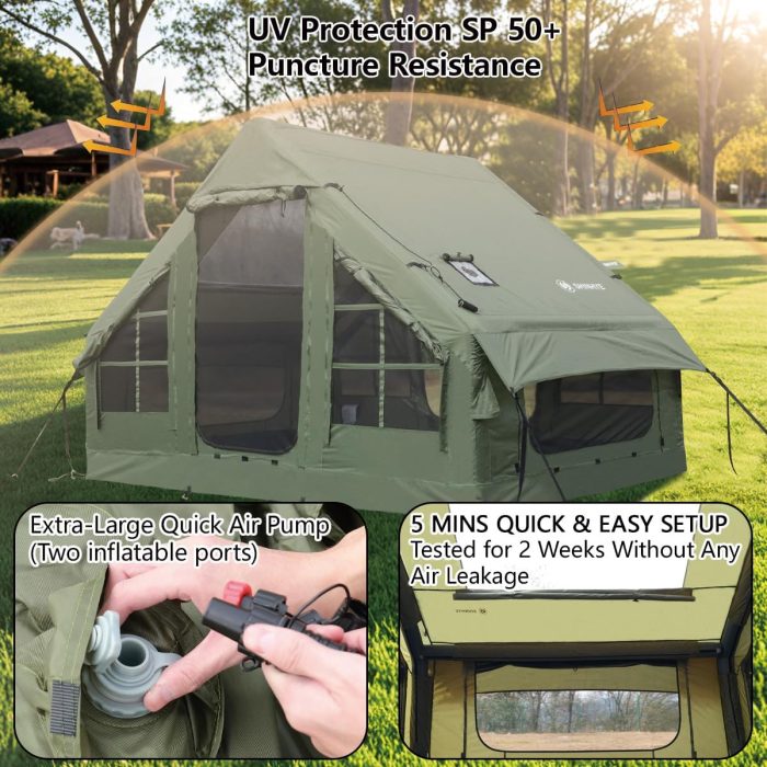 Inflatable Tent for Camping with Hand Pump Blow Up Tent Glamping 4 Season Air, Easy Setup Waterproof Outdoor Oxford Army Green 4-6 Person House Breathable Large Luxury - Image 8