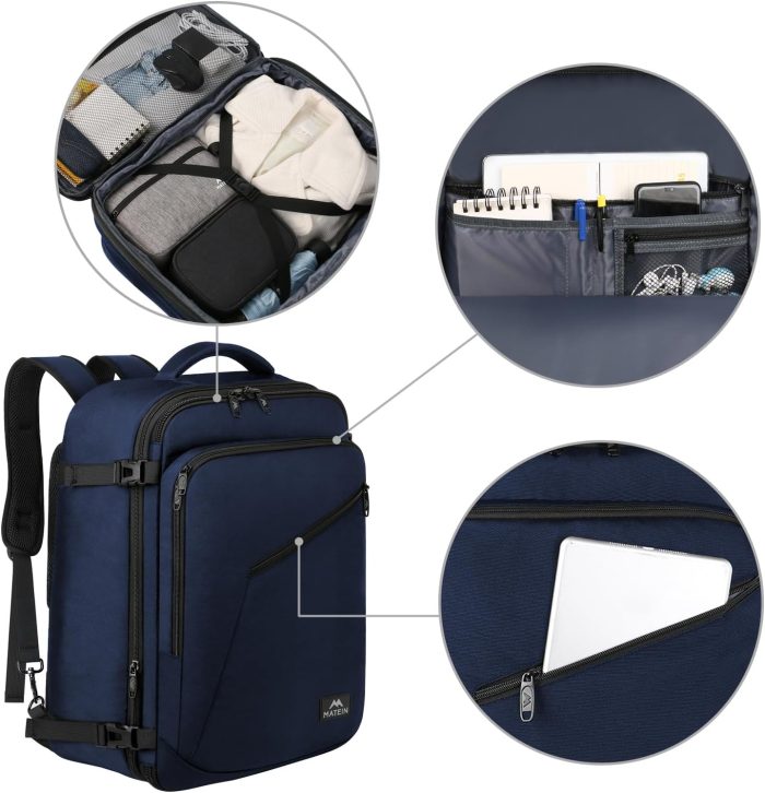 MATEIN Weekender Backpack, Large Capacity Travelling Suitcase Backpack with Strap for Clothes, Expandable Flight Approved Business Carry on Daypack for International Travel, Blue - Image 8